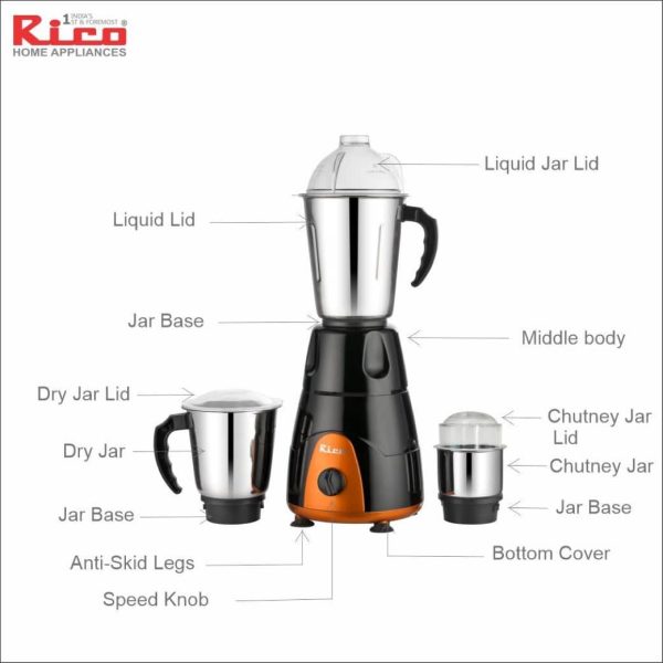 RICO Mixer Grinder MG123 Black/Orange 550W + Iron AI08 - Image 5