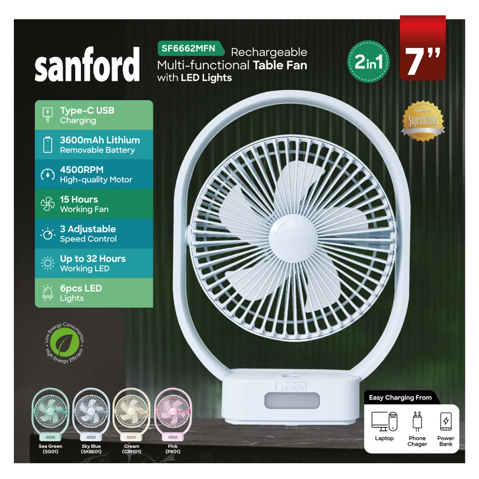 SANFORD Rechargeable Table Fan SF6662MFN | Optional : add Rs 100 get the Hand Fan SF935HFN worth Rs 490 - Image 5