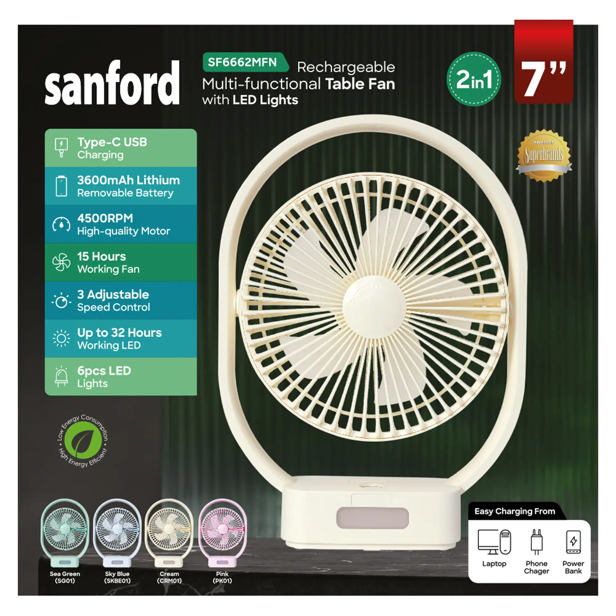 SANFORD Rechargeable Table Fan SF6662MFN | Optional : add Rs 100 get the Hand Fan SF935HFN worth Rs 490 - Image 4