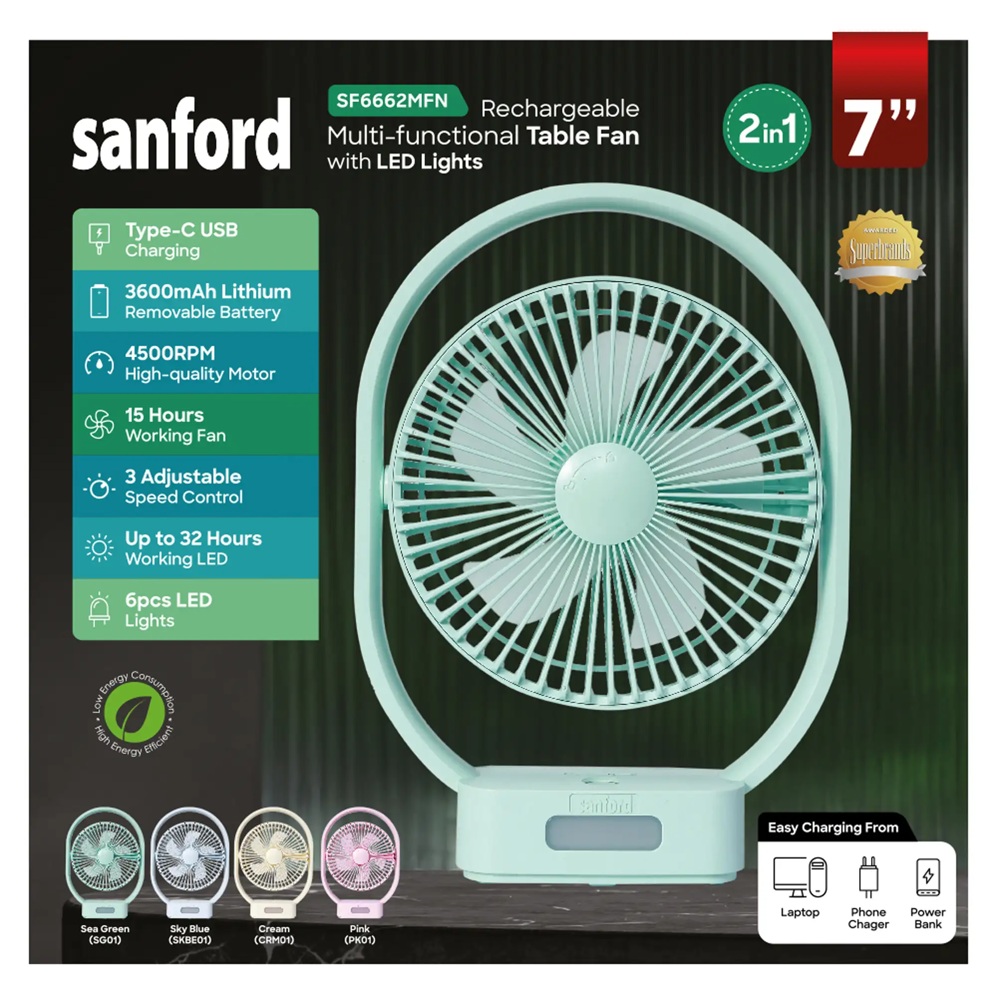SANFORD Rechargeable Table Fan SF6662MFN | Optional : add Rs 100 get the Hand Fan SF935HFN worth Rs 490 - Image 2