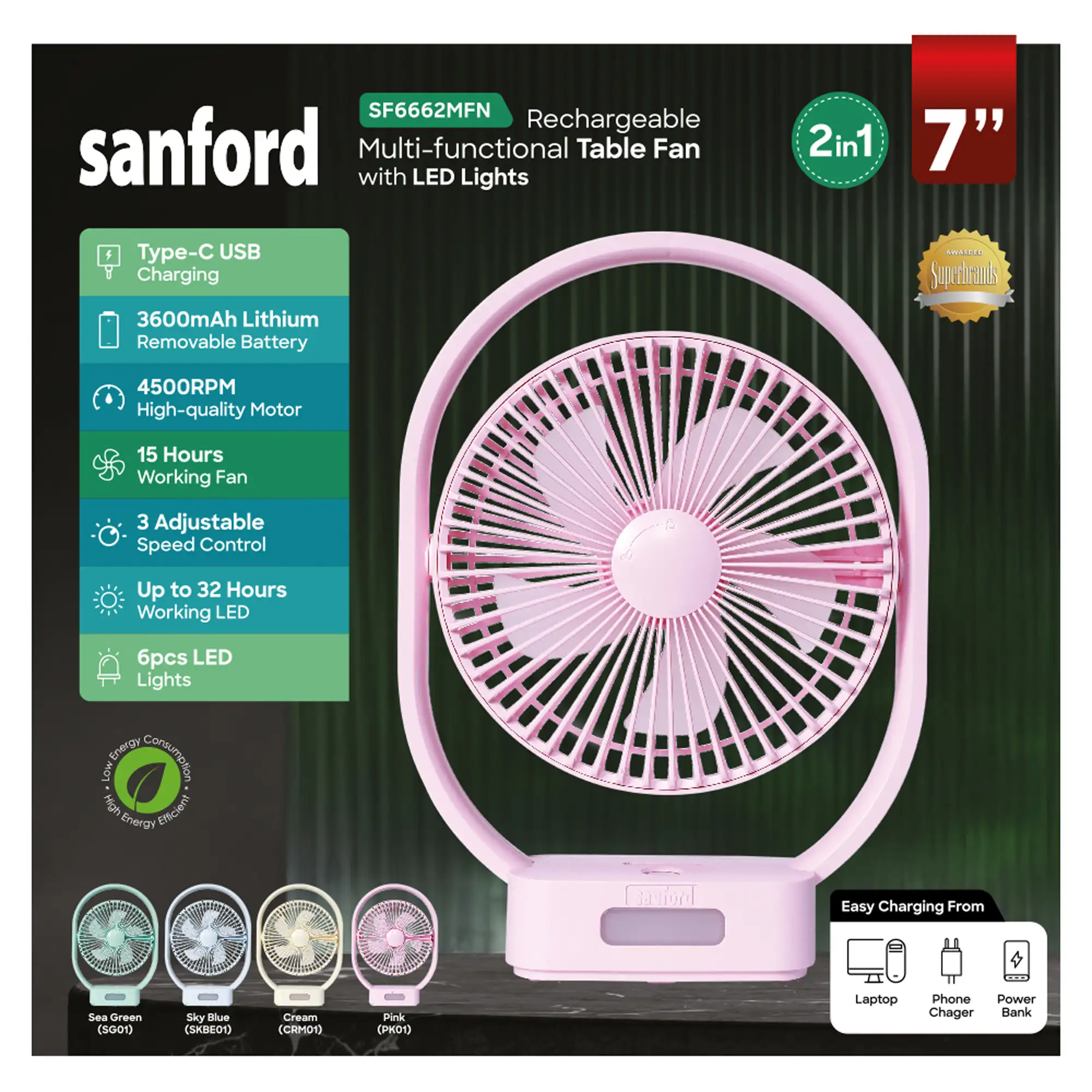 SANFORD Rechargeable Table Fan SF6662MFN | Optional : add Rs 100 get the Hand Fan SF935HFN worth Rs 490 - Image 3