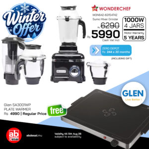 WONDERCHEF Sumo Black DLX Mixer Grinder with 4 Stainless Steel Jars, 1000 W in Black WON642-63154742 + Free Glen Warmer worth Rs 4990