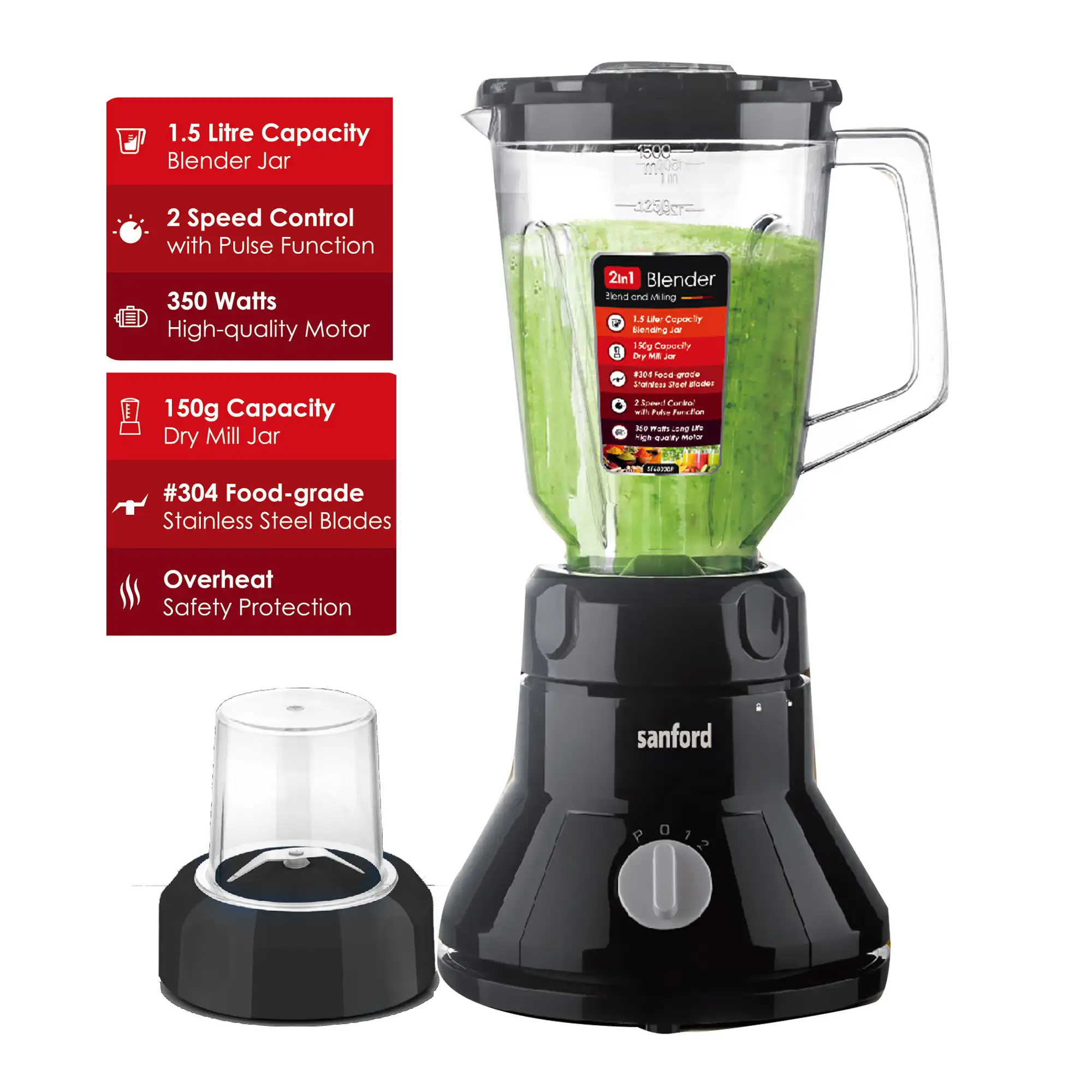 SANFORD 2-in-1 Blender & Grinder | 1.5L Jar | 150g Dry Mill | 2 Speed + Pulse | SS Blades | 350W Motor | Overheat Protection SF6803BR (as per colour available) - Image 3