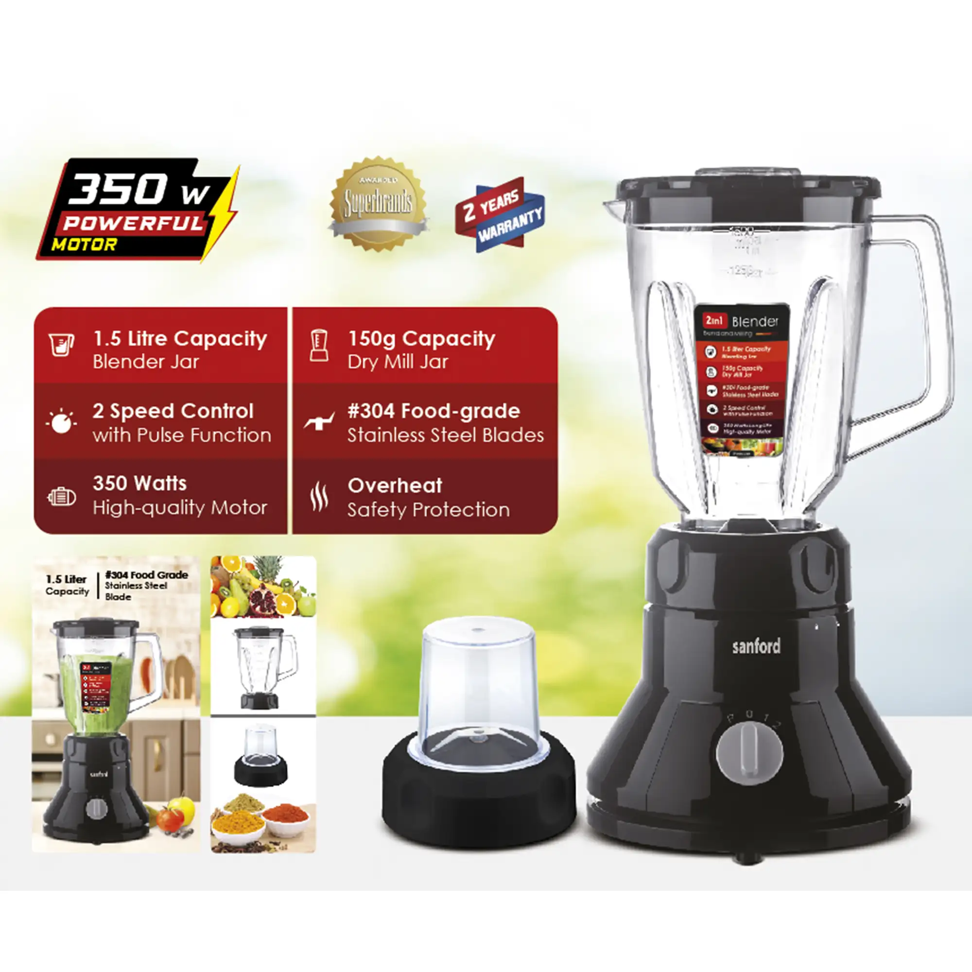 SANFORD 2-in-1 Blender & Grinder | 1.5L Jar | 150g Dry Mill | 2 Speed + Pulse | SS Blades | 350W Motor | Overheat Protection SF6803BR (as per colour available) - Image 4