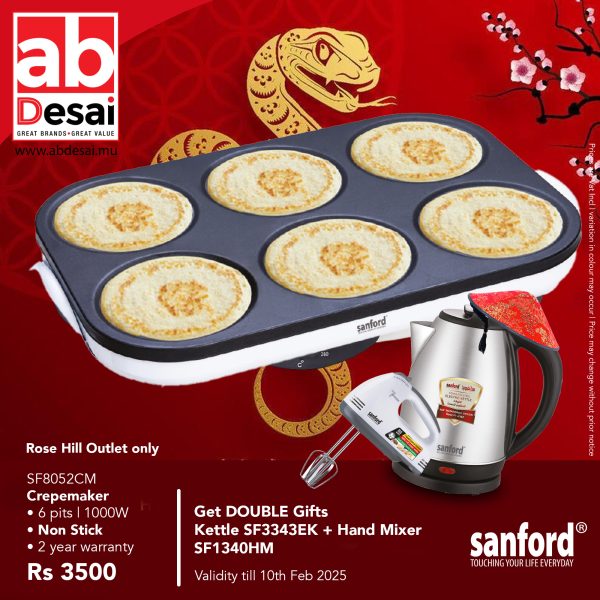 SANFORD Bundle Crepe Maker SF8052CM + Kettle SF3343EK (free) & Handmixer SF1340HM (free)