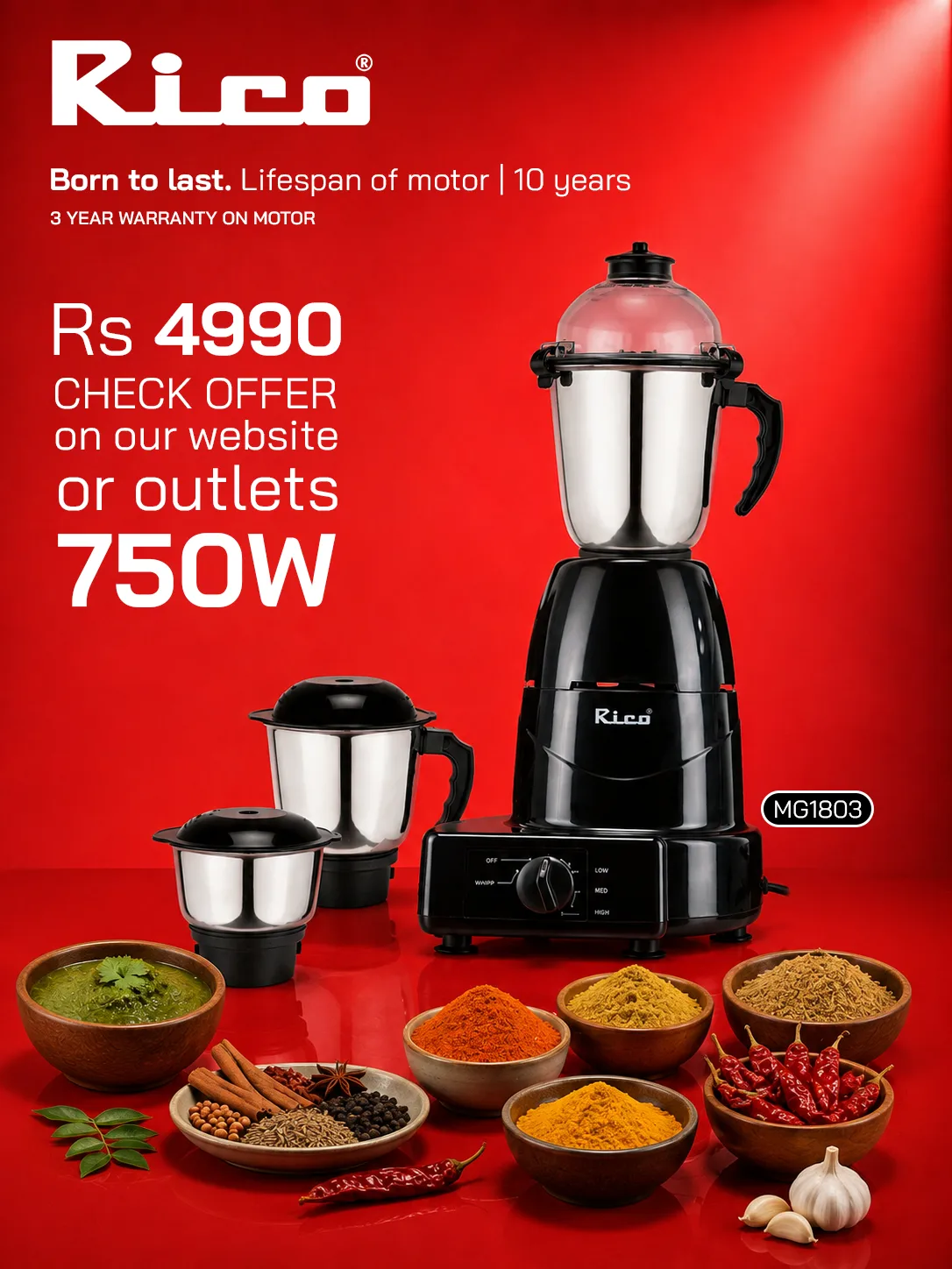 RICO Mixer Grinder 750W MG1803 Black