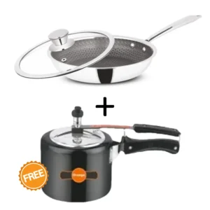 ORANGE Non Stick Stainless Steel Honey Comb Fry Pan 24cm Induction Friendly (ORA165)+ ORA120 Orange Pressure Cooker Hard Anodised Inner Lid 3 Ltrs worth Rs 1700