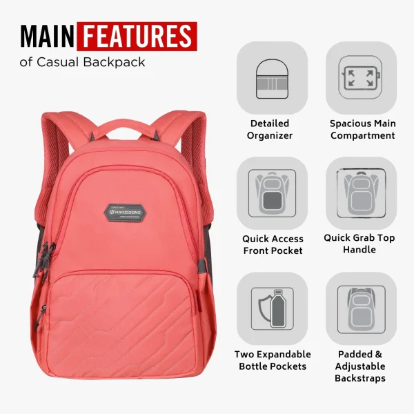 HARISSONS Zap Casual Backpack Coral/Light Grey - Image 4