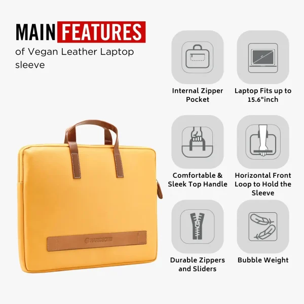 HARISSONS OLIVER Vegan Leather Laptop Sleeve Mustard + Free  CHARGER POUCH worth Rs 390 - Image 3