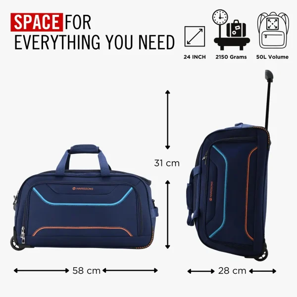 HARISSONS Regal Duffle Bag with wheels Navy Blue Orange Teal 24inches - Image 2