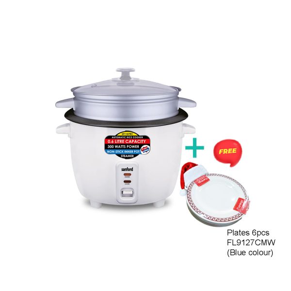 SANFORD Rice Cooker 0.6L SF1157RC White + Free FL9127CMW Blue 6pcs 6.5" plates worth Rs 300