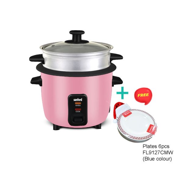 SANFORD Rice Cooker 1.5L SF2511RC Pink + Free FL9127CMW Blue 6pcs 6.5" plates worth Rs 300