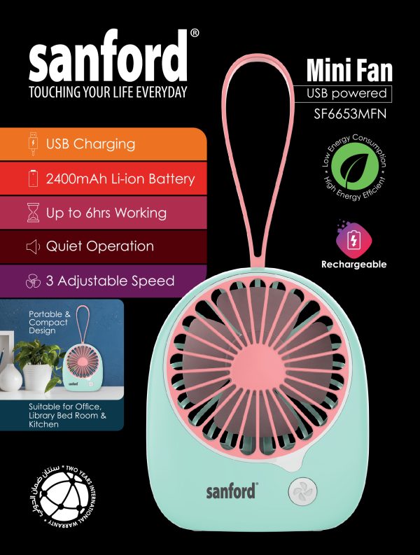 SANFORD Portable Rechargeable Fan SF6653MFN Green Pink - Image 4