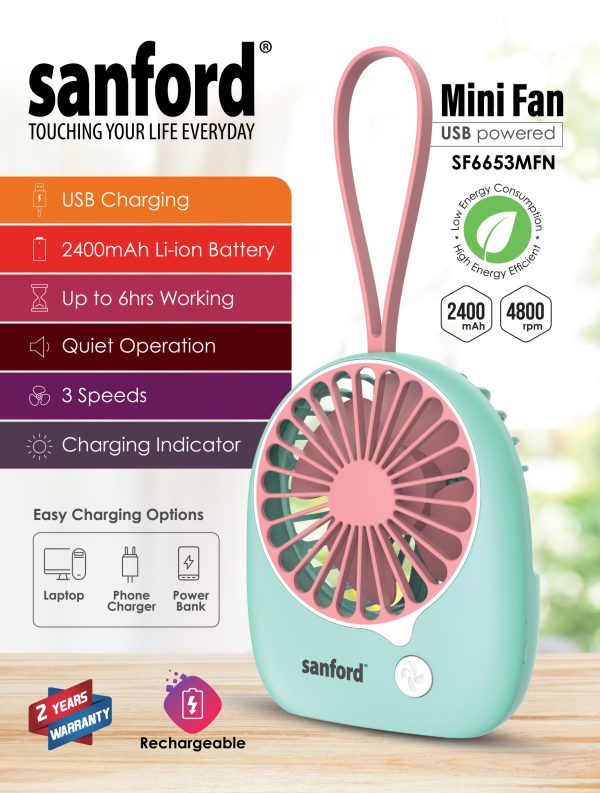 SANFORD Portable Rechargeable Fan SF6653MFN Green Pink - Image 5