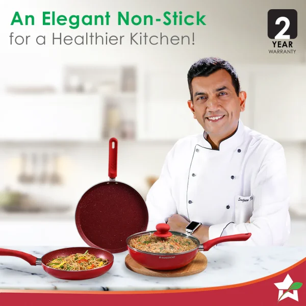 WONDERCHEF Royal Velvet PLUS Set Non-stick Cookware, 4Pc (Fry Pan with Lid, Wok, Dosa Tawa), Induction Bottom, Soft-touch Handles, Virgin Grade Aluminium, PFOA/Heavy Metals Free, 3mm, 2 Years Warranty, Red WON042 - Image 2