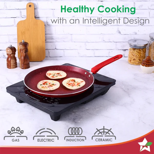 WONDERCHEF Royal Velvet PLUS Set Non-stick Cookware, 4Pc (Fry Pan with Lid, Wok, Dosa Tawa), Induction Bottom, Soft-touch Handles, Virgin Grade Aluminium, PFOA/Heavy Metals Free, 3mm, 2 Years Warranty, Red WON042 - Image 3