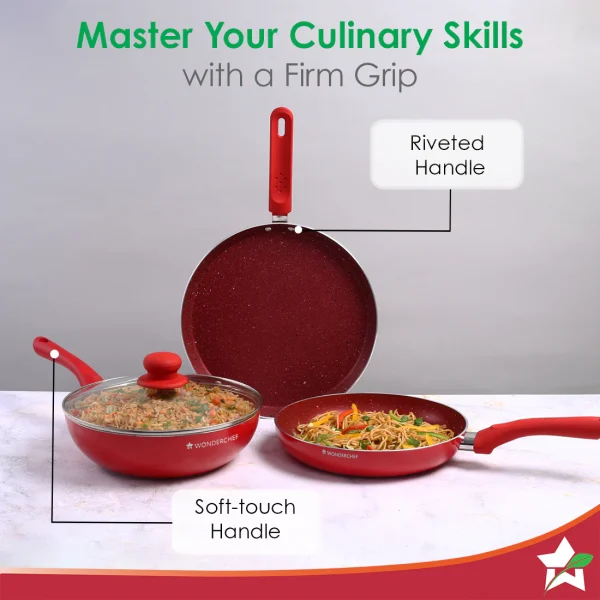 WONDERCHEF Royal Velvet PLUS Set Non-stick Cookware, 4Pc (Fry Pan with Lid, Wok, Dosa Tawa), Induction Bottom, Soft-touch Handles, Virgin Grade Aluminium, PFOA/Heavy Metals Free, 3mm, 2 Years Warranty, Red WON042 - Image 4