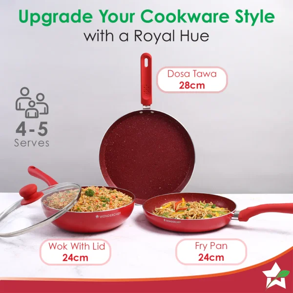 WONDERCHEF Royal Velvet PLUS Set Non-stick Cookware, 4Pc (Fry Pan with Lid, Wok, Dosa Tawa), Induction Bottom, Soft-touch Handles, Virgin Grade Aluminium, PFOA/Heavy Metals Free, 3mm, 2 Years Warranty, Red WON042 - Image 5