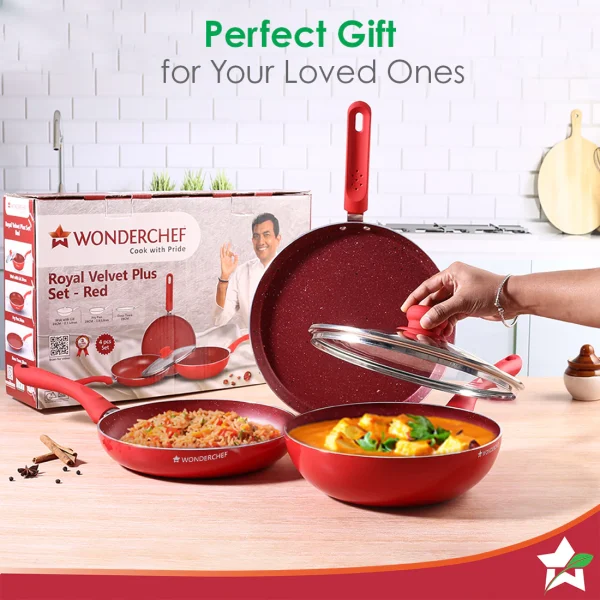 WONDERCHEF Royal Velvet PLUS Set Non-stick Cookware, 4Pc (Fry Pan with Lid, Wok, Dosa Tawa), Induction Bottom, Soft-touch Handles, Virgin Grade Aluminium, PFOA/Heavy Metals Free, 3mm, 2 Years Warranty, Red WON042 - Image 6