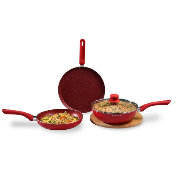 WONDERCHEF Royal Velvet PLUS Set Non-stick Cookware, 4Pc (Fry Pan with Lid, Wok, Dosa Tawa), Induction Bottom, Soft-touch Handles, Virgin Grade Aluminium, PFOA/Heavy Metals Free, 3mm, 2 Years Warranty, Red WON042