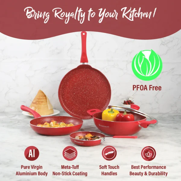 WONDERCHEF Royal Velvet Non-stick Cookware Set, Red 63152059 (WON044) + Free Peeler WON217-63152630 - Image 2