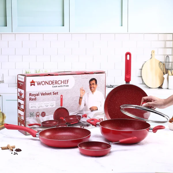 WONDERCHEF Royal Velvet Non-stick Cookware Set, Red 63152059 (WON044) + Free Peeler WON217-63152630 - Image 9
