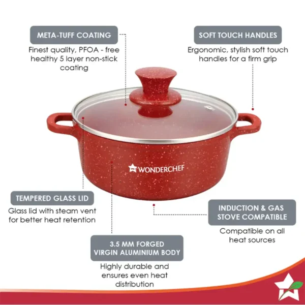 WONDERCHEF Granite Die-cast Non-stick Casserole Set, 6Pc (1150ML, 2000ML, 4500ML) With Lids, Induction Bottom, Soft Touch Handles, Pure Grade Aluminium, PFOA/Heavy Metal Free, 2 Years Warranty, Red 63153423 (WON445) - Image 5