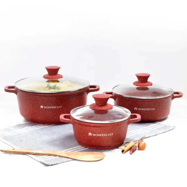 WONDERCHEF Granite Die-cast Non-stick Casserole Set, 6Pc (1150ML, 2000ML, 4500ML) With Lids, Induction Bottom, Soft Touch Handles, Pure Grade Aluminium, PFOA/Heavy Metal Free, 2 Years Warranty, Red 63153423 (WON445)