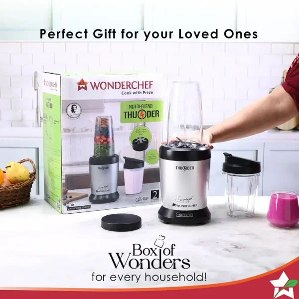 WONDERCHEF Nutri-blend Thunder Mixer, Grinder, Blender & Smoothie Maker | 1000W 22000 RPM 100% Full Copper Motor | SS 6-Blade Assembly | 2 Unbreakable Tritan Jars | 2 Years Warranty | Recipe Book By Chef Sanjeev Kapoor | Black Silver (WON462) - Image 2