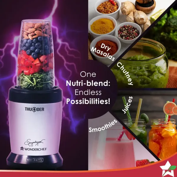 WONDERCHEF Nutri-blend Thunder Mixer, Grinder, Blender & Smoothie Maker | 1000W 22000 RPM 100% Full Copper Motor | SS 6-Blade Assembly | 2 Unbreakable Tritan Jars | 2 Years Warranty | Recipe Book By Chef Sanjeev Kapoor | Black Silver (WON462) - Image 5