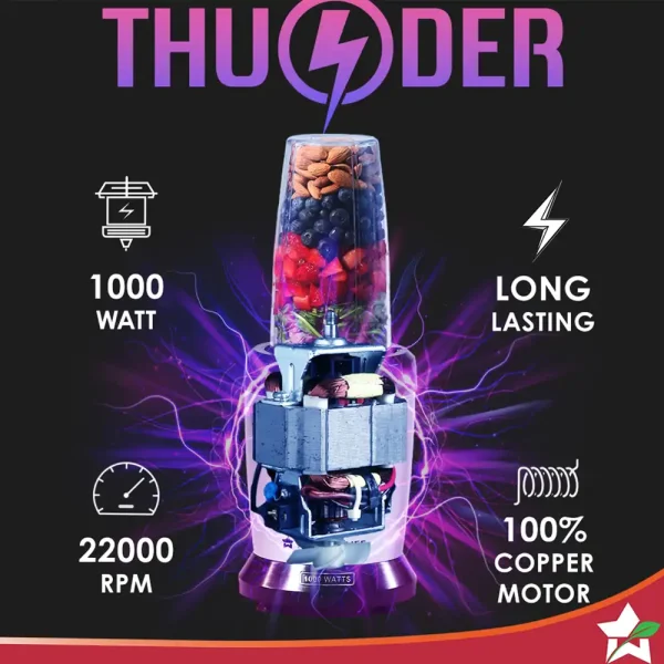 WONDERCHEF Nutri-blend Thunder Mixer, Grinder, Blender & Smoothie Maker | 1000W 22000 RPM 100% Full Copper Motor | SS 6-Blade Assembly | 2 Unbreakable Tritan Jars | 2 Years Warranty | Recipe Book By Chef Sanjeev Kapoor | Black Silver (WON462) - Image 6