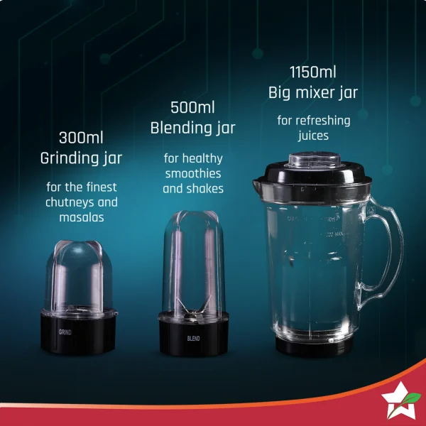 WONDERCHEF Nutri Blend Smart 3 Jar Automatic Mixer Grinder Black 500W WON714 - Image 7