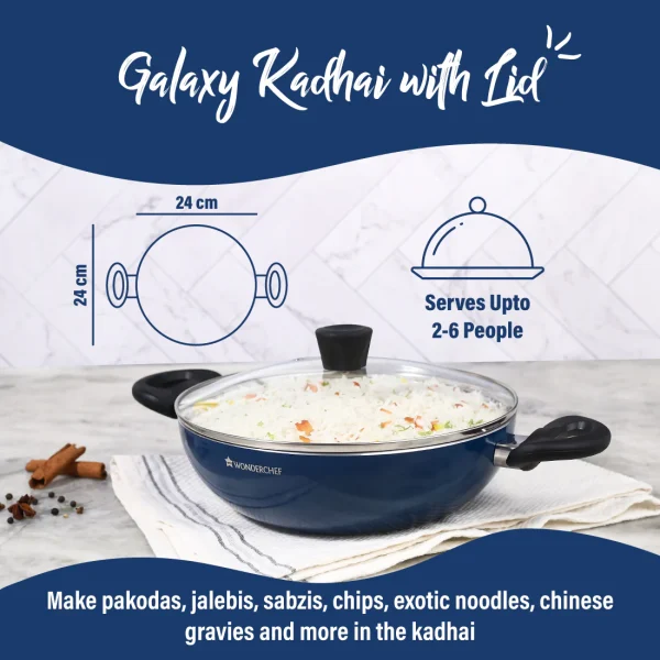 WONDERCHEF Non Stick Galaxy Kadhai with Lid 24 cm, 2 litres, Midnight Blue, 2 Years Warranty 63154753 (WON725) - Image 3