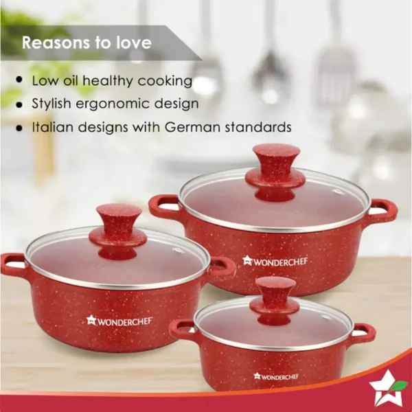 WONDERCHEF Granite Die-cast Non-stick Casserole Set, 6Pc (1150ML, 2000ML, 4500ML) With Lids, Induction Bottom, Soft Touch Handles, Pure Grade Aluminium, PFOA/Heavy Metal Free, 2 Years Warranty, Red 63153423 (WON445) - Image 3