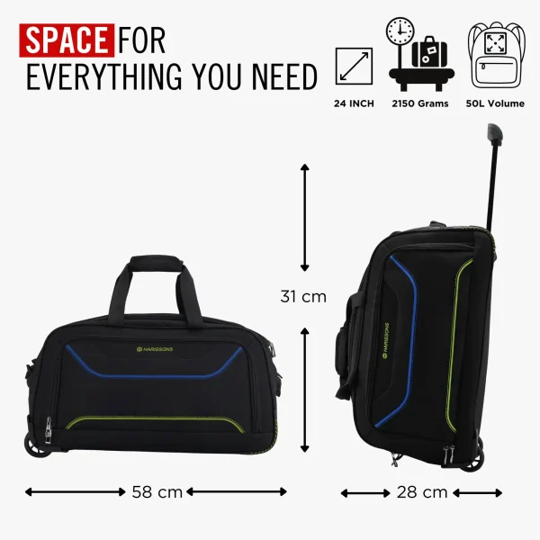 HARISSONS Regal Duffle Bag with wheels Black Royal Blue Parrot Green 24inches - Image 5