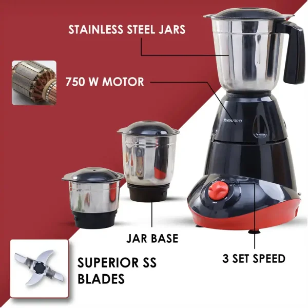 WONDERCHEF Capri Mixer Grinder 750W, 3 Stainless Steel Jars, Black & Red, 5 Years Warranty on motor (WON739) + FREE Rice Cooker 1.8L WON740 - Image 4