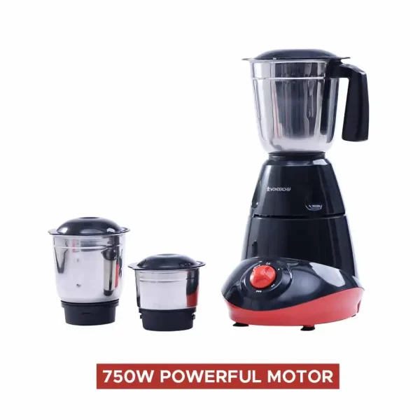 WONDERCHEF Capri Mixer Grinder 750W, 3 Stainless Steel Jars, Black & Red, 5 Years Warranty on motor (WON739) + FREE Rice Cooker 1.8L WON740