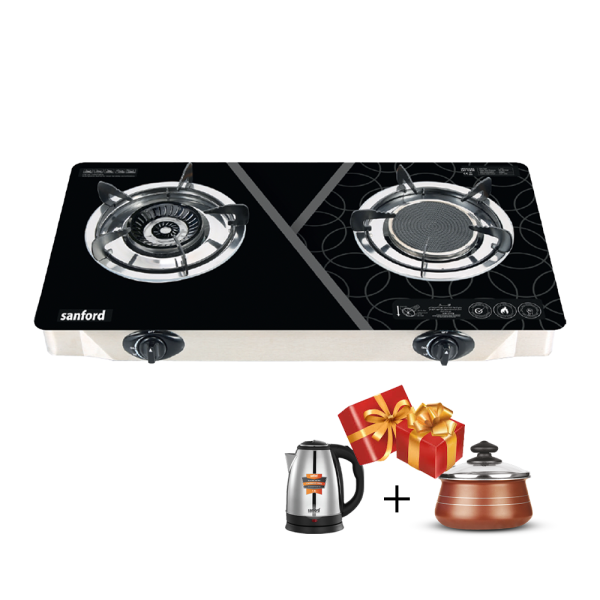 SANFORD Gas Stove One Burner Infra Red One Gas Burner + One Burner Normal Gas SF5351IGC-B Blue Black + Kettle SF3343EK + ORA149 Non Stick Handi