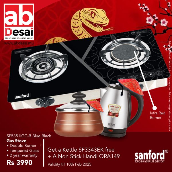 SANFORD Gas Stove One Burner Infra Red One Gas Burner + One Burner Normal Gas SF5351IGC-B Blue Black + Kettle SF3343EK + ORA149 Non Stick Handi