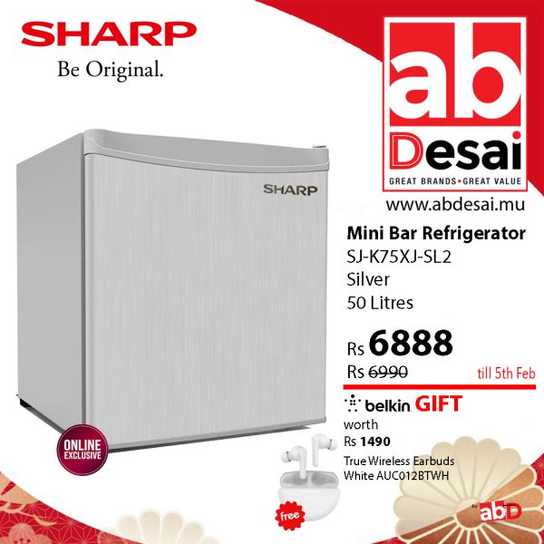 SHARP 50L/47L A+ Single Door Minibar Refrigerator Silver SJ-K75XJ-SL2 + Free Belkin Earbuds