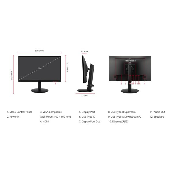 VIEWSONIC 24" FULL HD ERGONOMIC,DOCKING STATION - USB-C HUB, HDMI, DISPLAY PORTS VG2409U-2 - Image 11