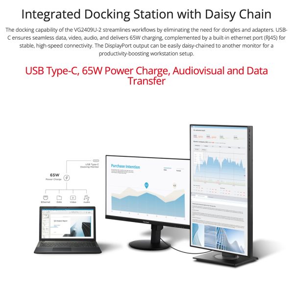 VIEWSONIC 24" FULL HD ERGONOMIC,DOCKING STATION - USB-C HUB, HDMI, DISPLAY PORTS VG2409U-2 - Image 6