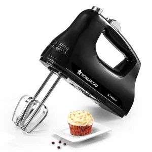WONDERCHEF Essenza Hand Mixer | 3 Variable Speed Settings | 300W | For Beating, Whisking, Whipping, Kneading | Stainless-steel Beater and Kneader Attachments | Low Noise | Black | 2-Year Warranty 63155060 (WON760)