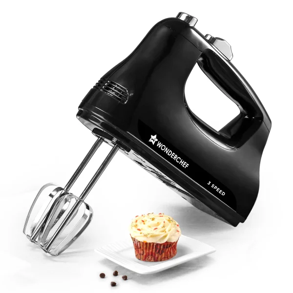 WONDERCHEF Essenza Hand Mixer | 3 Variable Speed Settings | 300W | For Beating, Whisking, Whipping, Kneading | Stainless-steel Beater and Kneader Attachments | Low Noise | Black | 2-Year Warranty 63155060 (WON760)