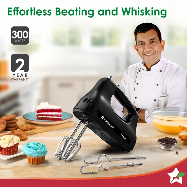 WONDERCHEF Essenza Hand Mixer | 3 Variable Speed Settings | 300W | For Beating, Whisking, Whipping, Kneading | Stainless-steel Beater and Kneader Attachments | Low Noise | Black | 2-Year Warranty 63155060 (WON760) - Image 2