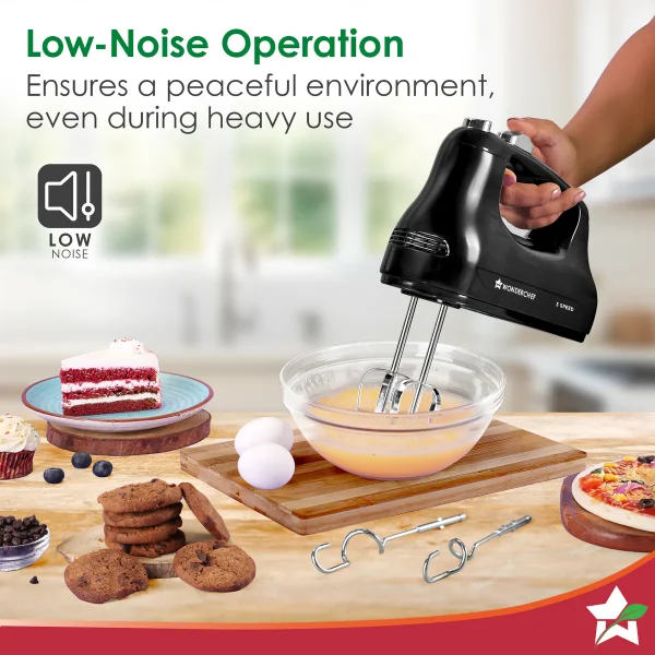 WONDERCHEF Essenza Hand Mixer | 3 Variable Speed Settings | 300W | For Beating, Whisking, Whipping, Kneading | Stainless-steel Beater and Kneader Attachments | Low Noise | Black | 2-Year Warranty 63155060 (WON760) - Image 3