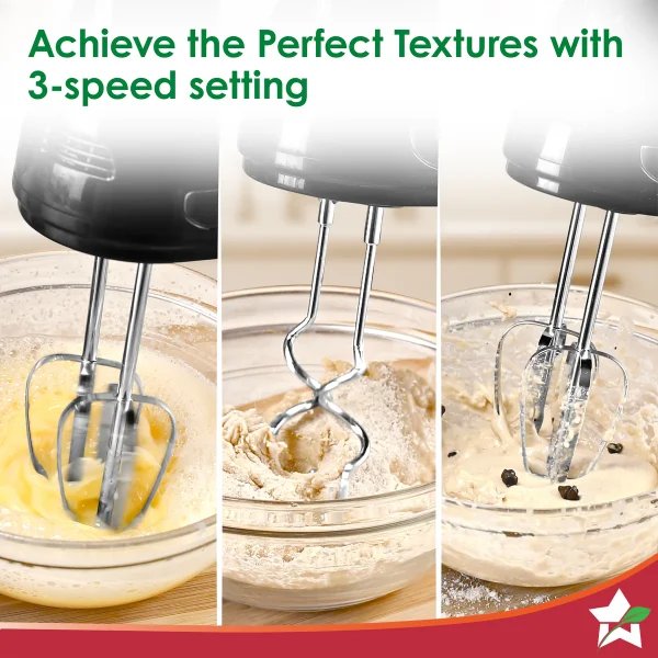 WONDERCHEF Essenza Hand Mixer | 3 Variable Speed Settings | 300W | For Beating, Whisking, Whipping, Kneading | Stainless-steel Beater and Kneader Attachments | Low Noise | Black | 2-Year Warranty 63155060 (WON760) - Image 4