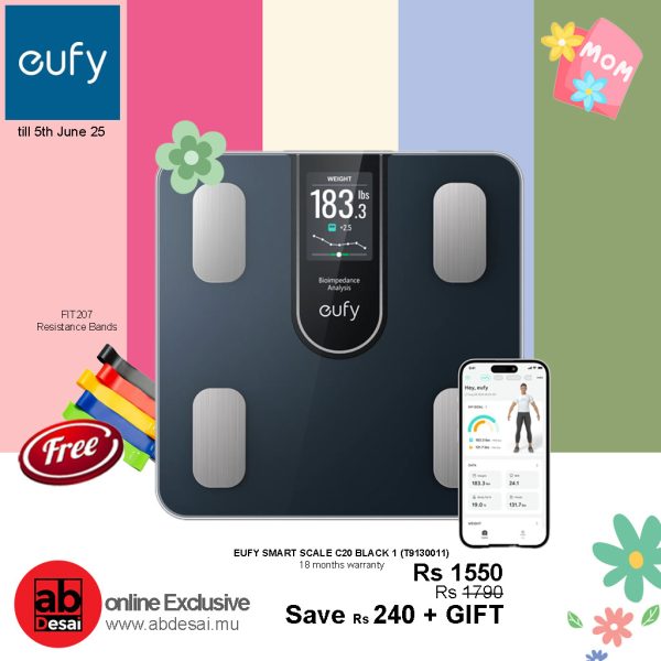 EUFY SMART SCALE C20 BLACK 1 (T9130011) + Free Resistance Band FIT207 worth Rs 175