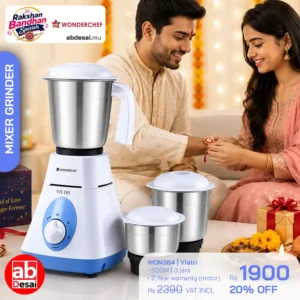 WONDERCHEF Vietri Mixer Grinder 500W, 2 year warranty on motor, with 3 Stainless Steel Jars (White & Blue) WON384-63153026