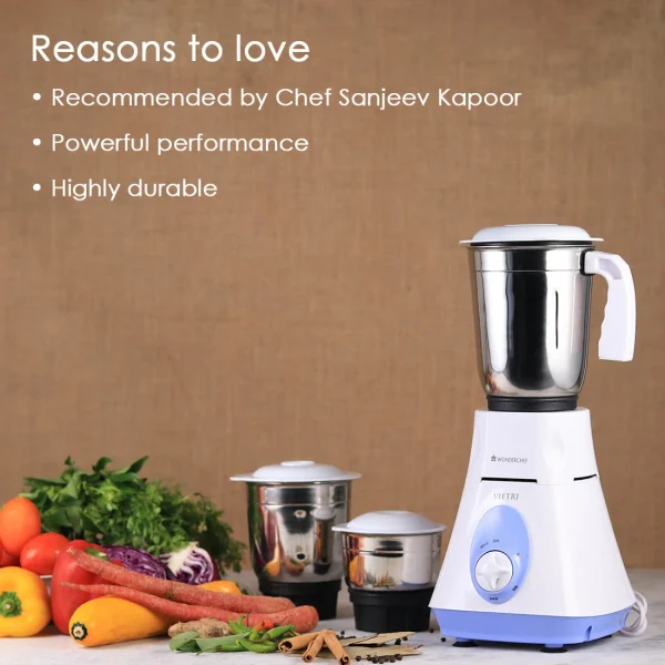 WONDERCHEF Vietri Mixer Grinder 500W, 2 year warranty on motor, with 3 Stainless Steel Jars (White & Blue) 63153026 (WON384) - Image 3